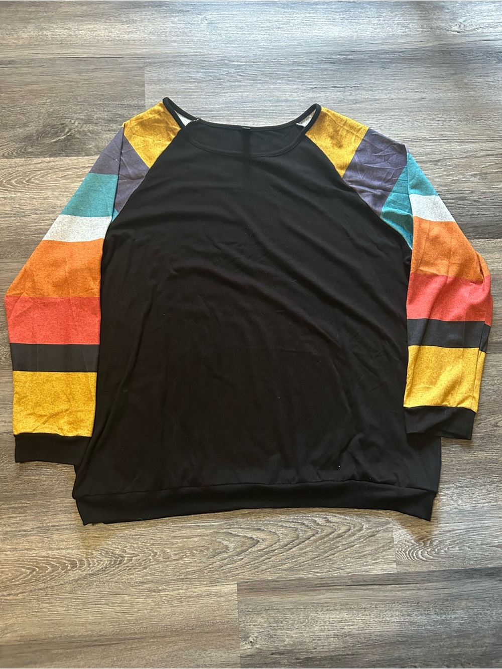 Women's Black Pullover Top with Multicolor Stripe Sleeves